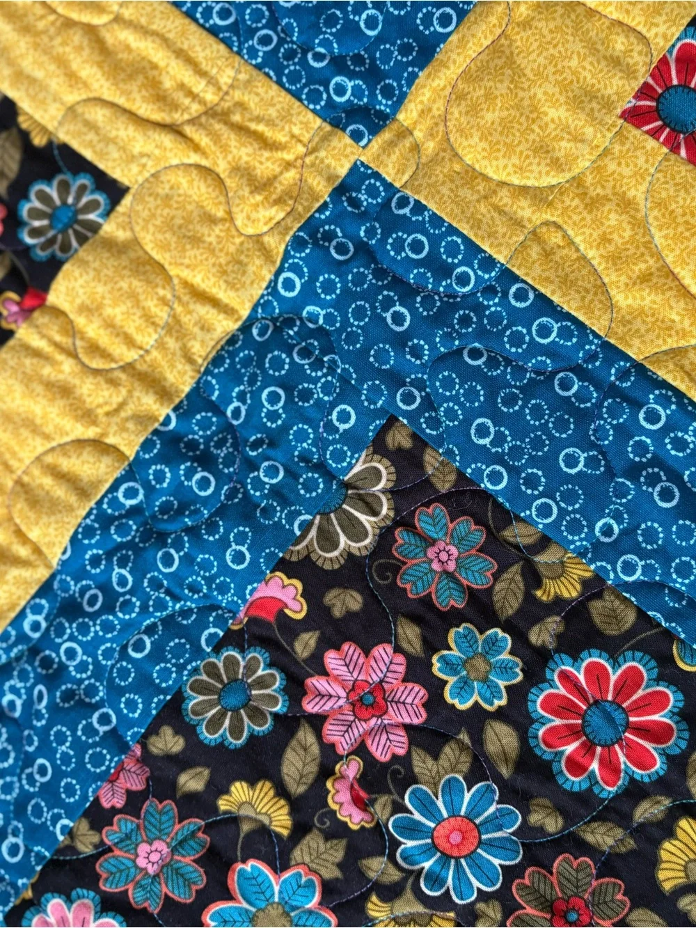 Handmade Floral Patchwork Quilt Blue Yellow Home Bedding Cottagecore Shabby Chic